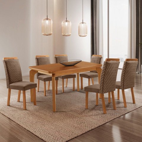 Mesa de Jantar Liz 180 cm Tampo MDF Laminado Canto Copo com 6 Cadeiras Aline