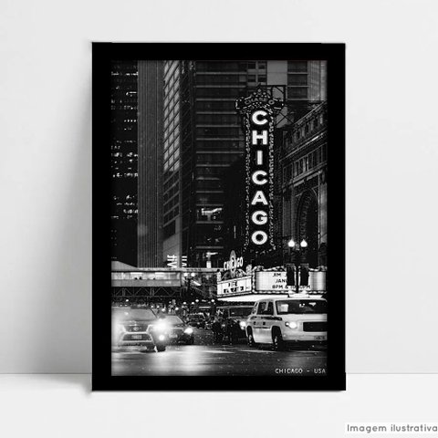 Quadro Decorativo Monumento Cidade Chicago em Moldura Caixa Tacolado Moldura Caixa 3cm Madeira com V