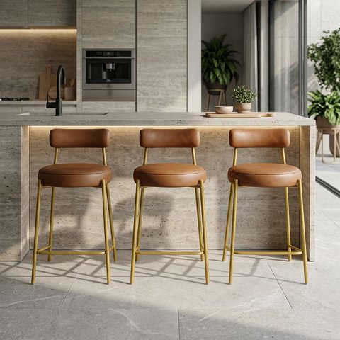 Banqueta Cozinha Média com Encosto Industrial Dourado Kit 3 Londres PU D03 - D'Rossi
