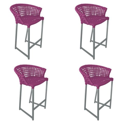 Kit 4 Banquetas Reis em Corda Náutica e Base em Alumínio Cinza para Área Gourmet - Externa Rosa