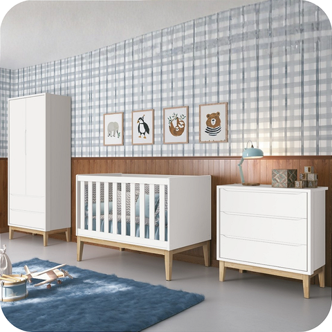 Quarto de Bebê Guarda Roupa Classic + Cômoda 3 Gavetas Madeira Natural Branco Fosco