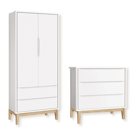 Quarto de Bebê Guarda Roupa Classic + Cômoda 3 Gavetas Madeira Natural Branco Fosco