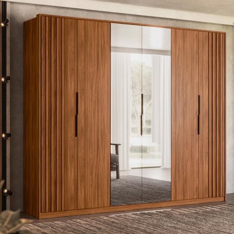 Guarda Roupa Casal 6 Portas com Ripado e com Espelho 6 Gavetas Equador - Nogueira Touch