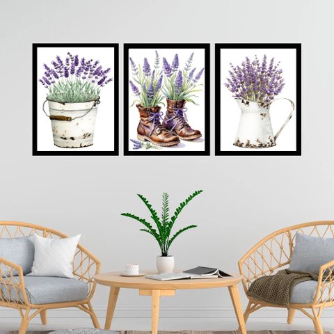 Kit 3 Quadros Jardim - Lavanda 24x18cm:moldura Preta