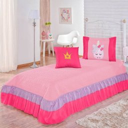 Colcha Solteiro Unicórnio Matelado Ultrassônico 3 Peças - Rosa - Rosa - 1