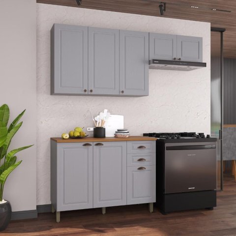 Armário de Cozinha Modulada Compacta Fidelitá Nara 100% MDF 3 Peças 200cm 8 Portas 2 Gavetas com