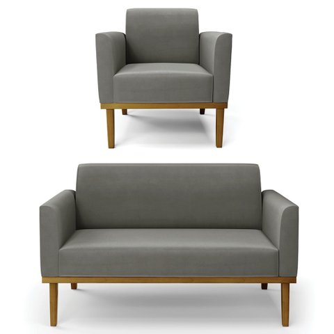Sofá Namoradeira e 1 Poltrona Base Madeira Castanho Maressa Suede Grafite - Ibiza