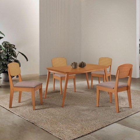 Mesa de Jantar Copper 120cm Tampo Mdf Laminado 4 Cadeiras Linho Capuccino/naturale/naturale
