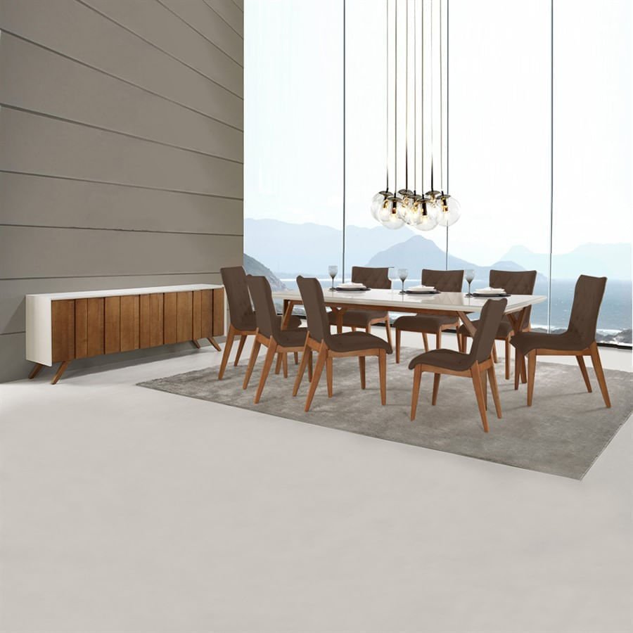 Conjunto Sala de Jantar Mesa Charlote 180x90 cm e 6 Cadeiras Fernanda Off  White/Nature/Madeira/Joli