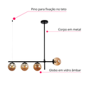 Ver imagem 6 de Lustre Pendente Preto Vidro Bola Esfera Âmbar Retrô Moderno Cozinha Ilha Sala Quarto Inl122