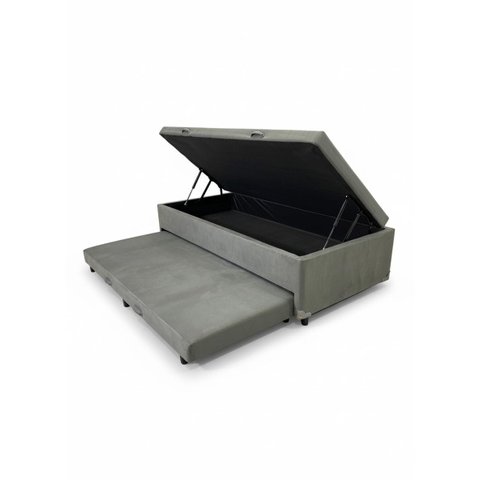Cama Box Baú Solteiro com Auxiliar Conjugada | (188x88x42) - Suede Cinza
