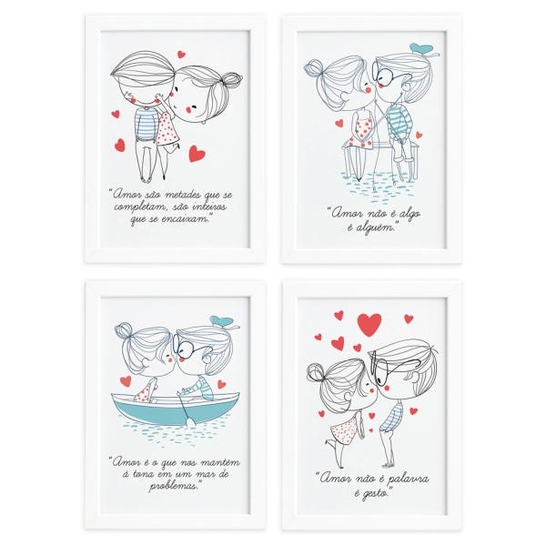 Quadros com Frases Namorados Moldura Branca 33x43cm Kit 4un - 1
