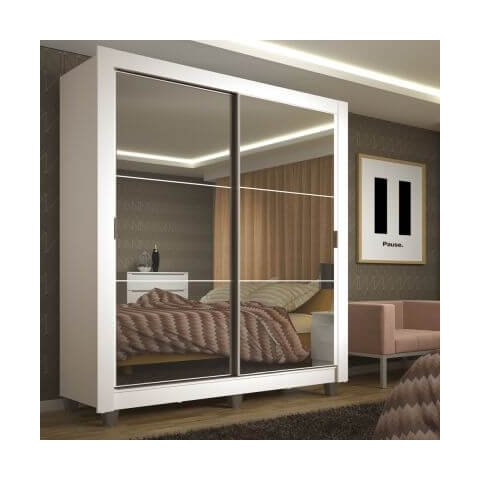 Guarda-Roupa Solteiro Madesa Denver 2 Portas de Correr de Espelho com Pés Branco Cor:Branco