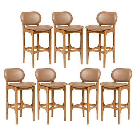 Kit 7 Banquetas Alta Estofada Rafine Madeira Castanho Tecido Impermeável Marrom