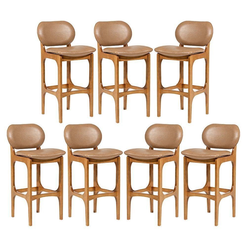 Kit 7 Banquetas Alta Estofada Rafine Madeira Castanho Tecido Impermeável Marrom - 1