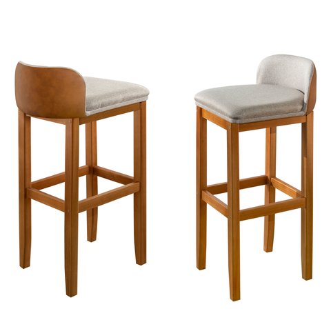 Kit 2 Banquetas Luxo Alta Onix - Base em Madeira Maciça - Estofado em Linho Com Composê no Corino - 