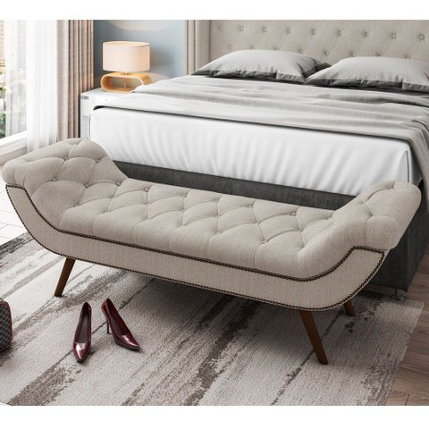 Puff Recamier Decorativo com Tachas 160 cm Santorini P05 Linho Creme - Lyam Decor