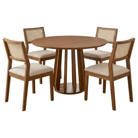 Mesa de Jantar Redonda Pitanga com 4 Cadeiras Estofadas Tamarindo Trama Bege