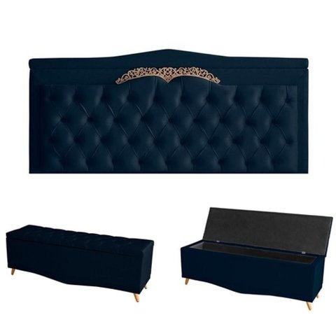 Kit Barcelona Cabeceira de Cama Painel e Calçadeira Baú King 195 Cm Suede Azul Marinho do Lar Mó