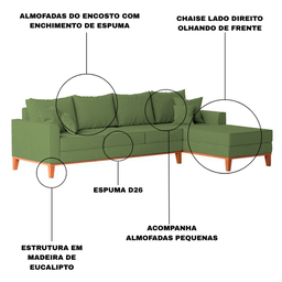 Sofá 4 Lugares Beny com Chaise Direito Linho Verde Oliva - 3 Sofá 4 Lugares Beny com Chaise Direito Linho Verde Oliva - 3