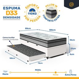 Cama Box Baú com Colchão Espuma D33 Pillow In Anjos Ortosleep + Auxiliar Unique Solteiro 88cm - 3