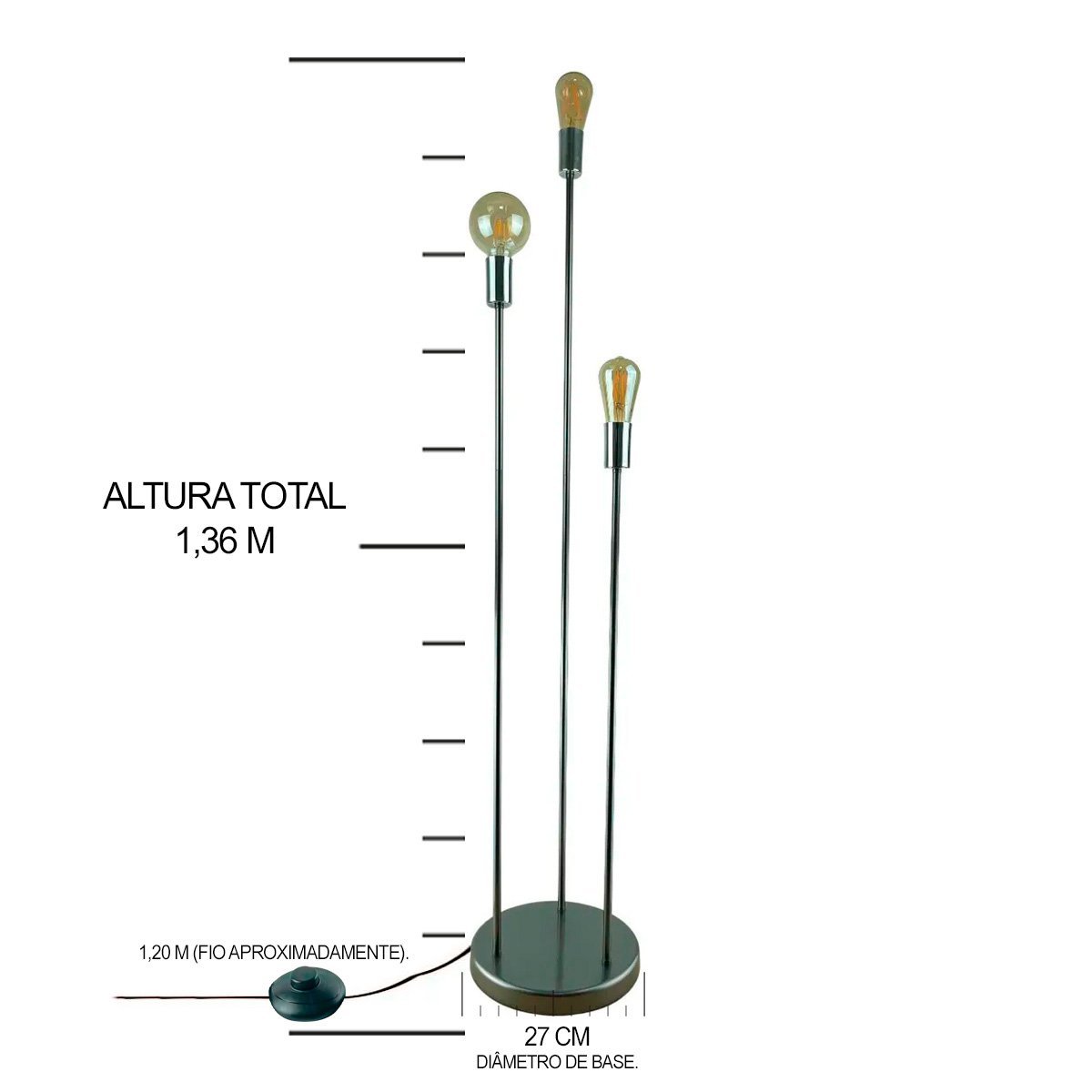 Luminaria De Piso Chão Em Alumínio Haste Tripla E-27 - 2