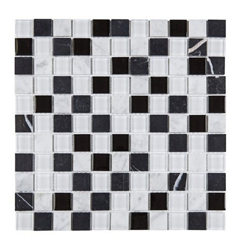 Kit 1m² Pastilha de Vidro e Mármore 29cm x 29cm Preto/Branco Glass Mosaic