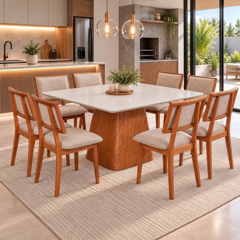 Conjunto Sala de Jantar Bérgamo Tampo Off White e 8 Cadeiras Madeira Maciça e Estofada Bréscia