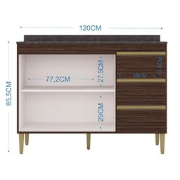 Balcão para Cozinha 120cm com Tampo 2 Portas 3 Gavetas Perla P11 Chocolate - Mpozenato - 4