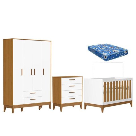 Quarto de Bebê Flip Guarda Roupa 4p Branco Acetinado Savana com Colchão Ortobom - Reller