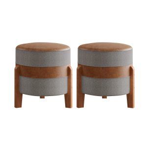 Kit 2 Puff Redondo Órion em Couro Camelo Cinza