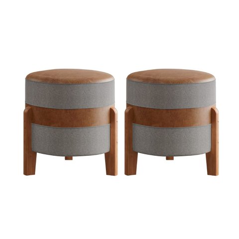 Kit 2 Puff Redondo Órion em Couro Camelo Cinza