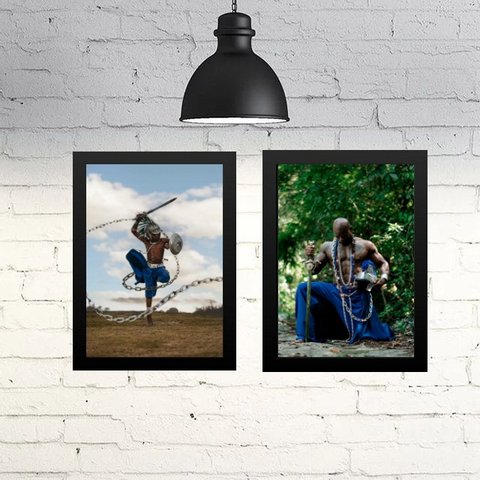 Kit 2 Quadros Ogum - Menino e Homem 24x18cm - com Vidro:madeira Branca