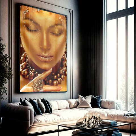 Quadro Decorativo Mulher a Face Dourada em Moldura Caixa Tacolado Moldura Trad 1cm Madeira Escura Co