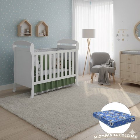 Berço Americano 2 em 1 Danny Vira Sofazinho Infantil Branco Brilho com Colchão Quarto de Bebê - Reller