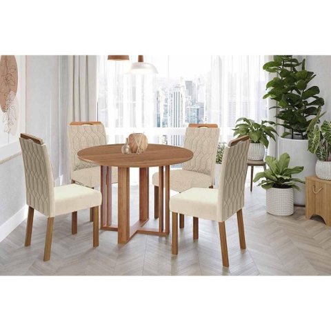 Conjunto: Mesa Sala Jantar Flora Tampo Madeirado 109cm e 4 Cadeiras Paola Cinamomo - Carvalho/suede