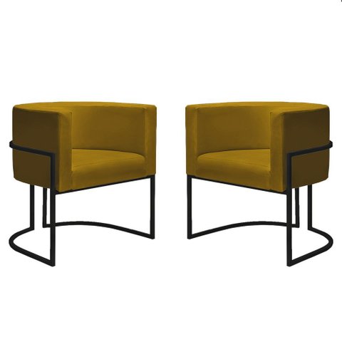 Kit 2 Poltronas Reforçadas Decorativa Sala Nayara Base Ferro Preto Suede Mostarda