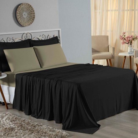Jogo Cama Queen Nobre 4 Peças Lençol Elástico 30cm Altura 100% Algodão Preto Avelã