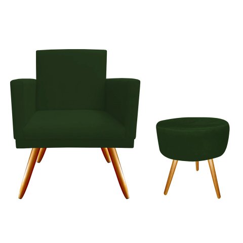Kit Poltrona Decorativa Nina + Puff Redondo Suede Verde Pés Madeira Ms Decor