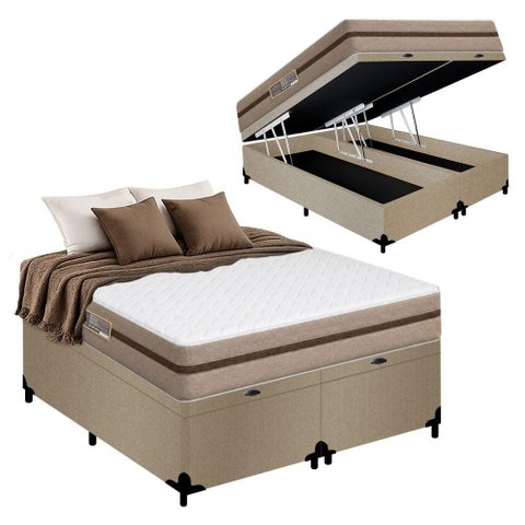 Cama Box Baú King Bipartido Suede + Colchão Molas Ensacadas Royal Sleep Bioclassic 193x203x64 Cor: