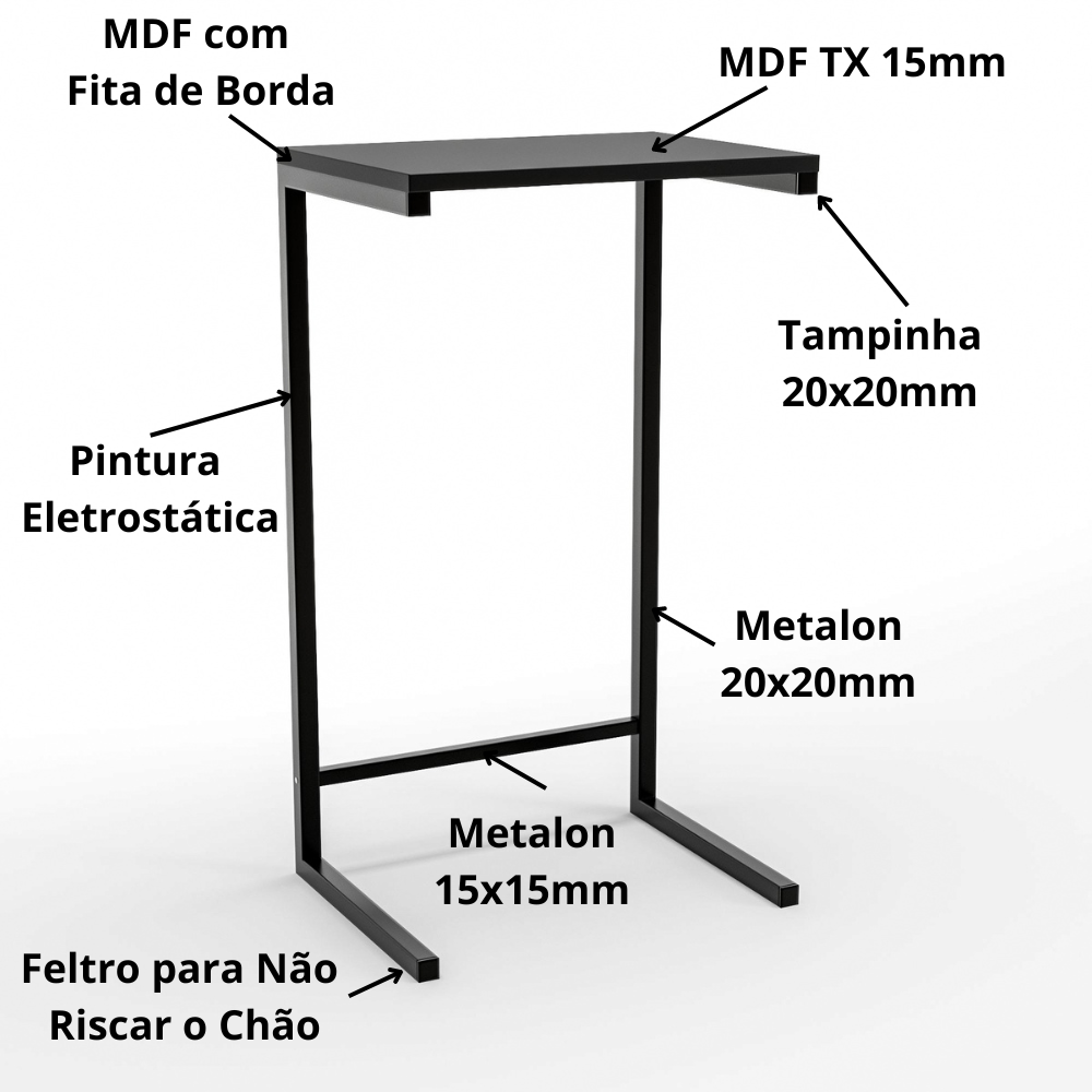 Mesa Lateral para Sofá com Estrutura de Metal 72x40x30 Preto Mdf/preto - 5