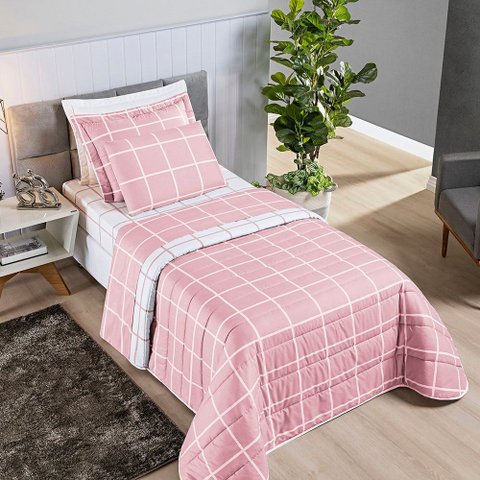 Colcha Cobre Leito Esplendor Solteiro 2 Peças Dupla Face - Rosa - 100% Poliéster
