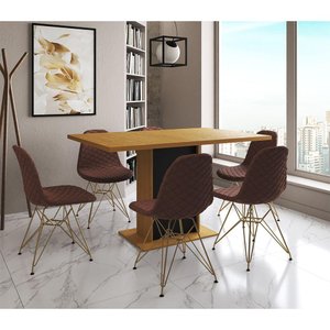 Mesa Jantar Londres Retangular Canela 137x90 Base Preta 6 Cadeiras Estofadas Caramelo Base Dourado