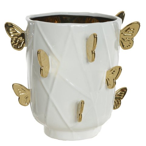 Vaso Decorativo Cerâmica Branco com Borboleta Dourada 27,5cm 30,5d