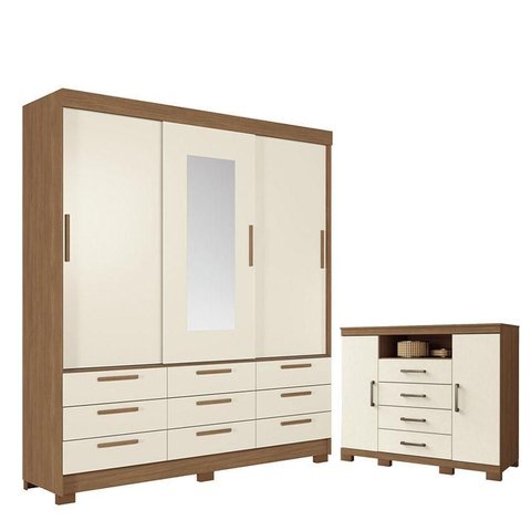Guarda Roupa Casal 3 Portas 9 Gavetas Morretes com Espelho e Cômoda Havana Master com Pés Jatobá