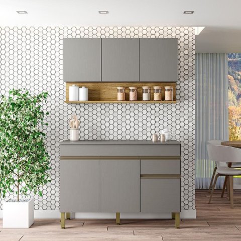Cozinha Compacta Line 6 Portas 1 Gaveta MDF 120cm Cinza Gris Kit'S Paraná