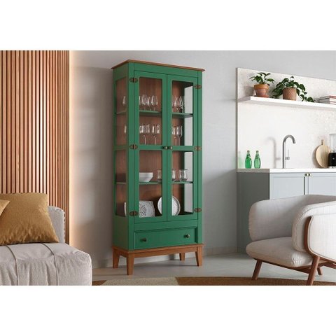 Cristaleira de Madeira Maciça 2 Portas + 1 Gaveta - Cor: Verde/amêndoa