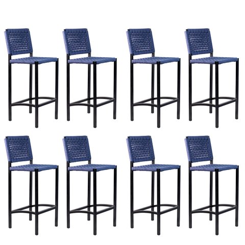 Banqueta Preta Corda Náutica Azul - Kit 8 – Gourmet, Varanda e Living