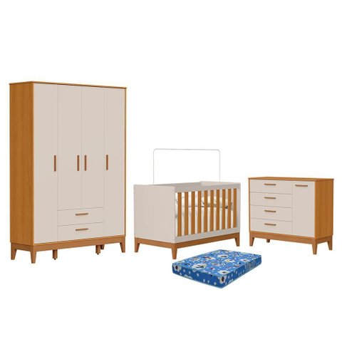 Dormitório Infantil Flip Guarda Roupa 4 Portas, Cômoda 1 Porta e Berço Areia Fosco/savana com