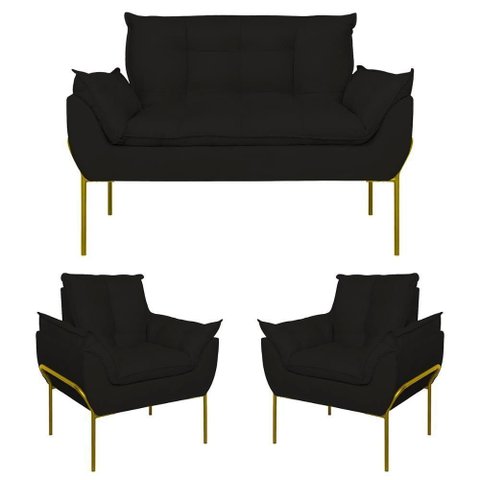 Kit 2 Poltronas + Namoradeira Pé Metal Dourado Recepção Sala Preto
